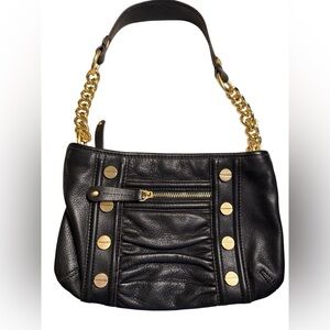 Black Leather Shoulder Bag with Gold Accents